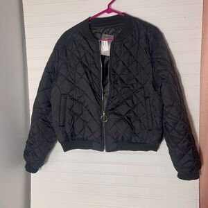 Black Quilted Bomber Jacket Full Zip Ring Pull Women's Size L